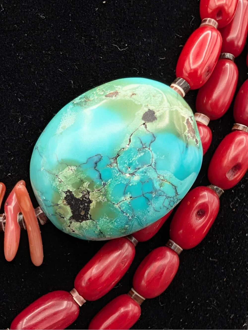 Vintage Large Turquoise Red Coral Branch 925 Sterling Silver Statement Necklace